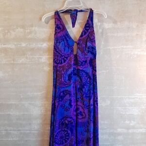 449a. purple & blue vintage Casual Gire Reef paisley halter maxi dress, 10